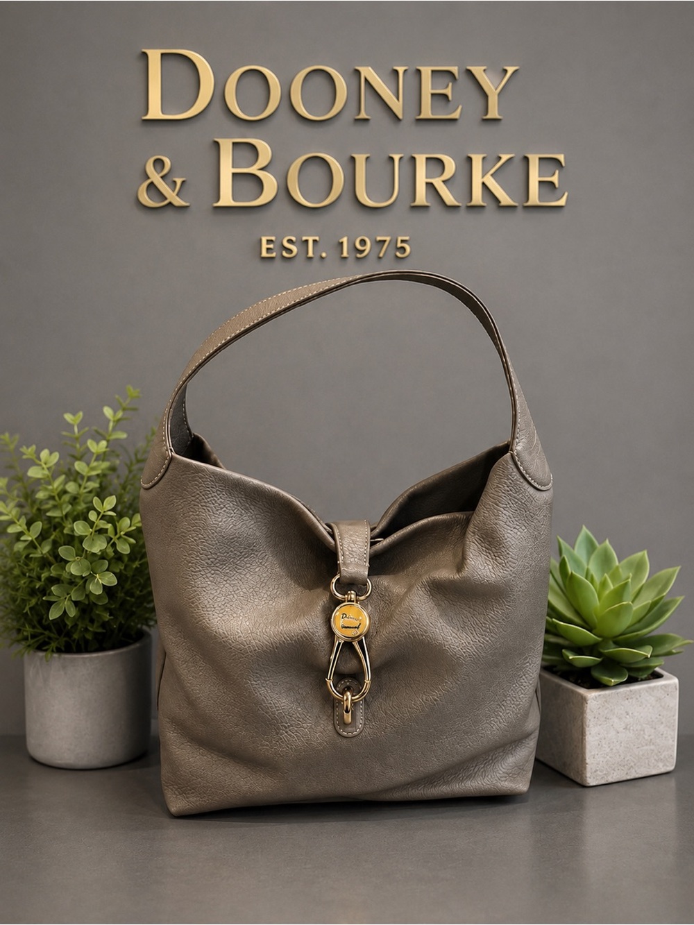 • Dooney & Bourke Logo 
Lock Sac Hobo Bag Elephant Gray Pebbled Leather EUC